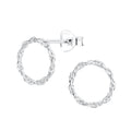 Pair of silver stud earrings in twisted circle shape on a white background