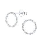 Pair of silver stud earrings in twisted circle shape on a white background
