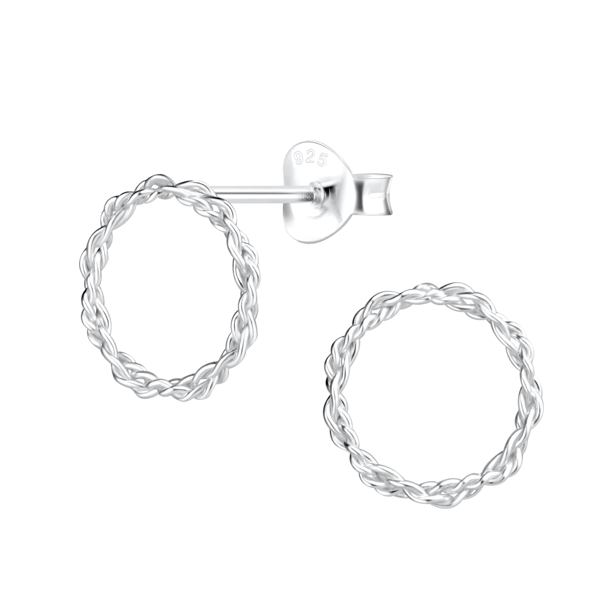 Pair of silver stud earrings in twisted circle shape on a white background