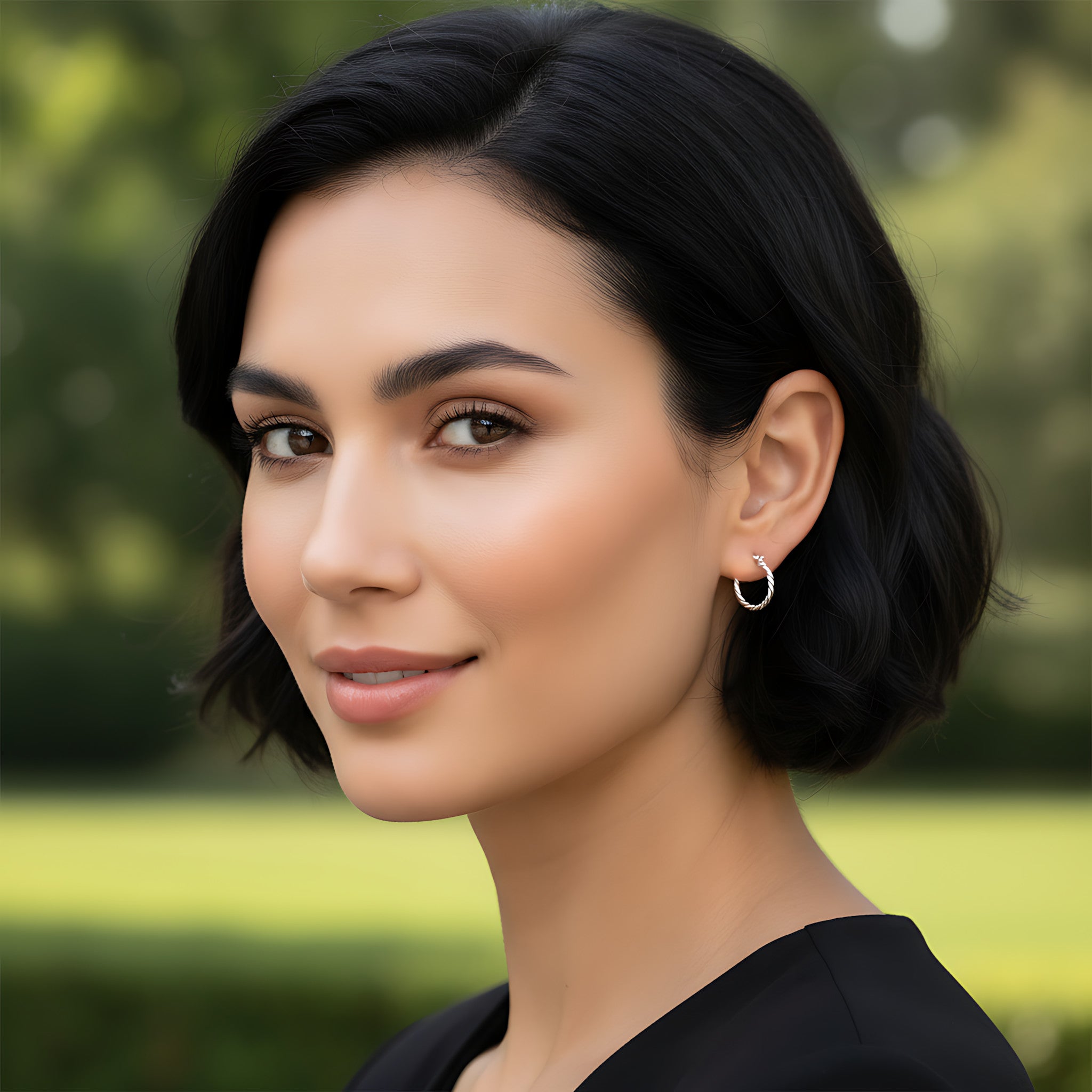 Woman with short black hair wearing twisted French lock hoop earrings against a blurred green background