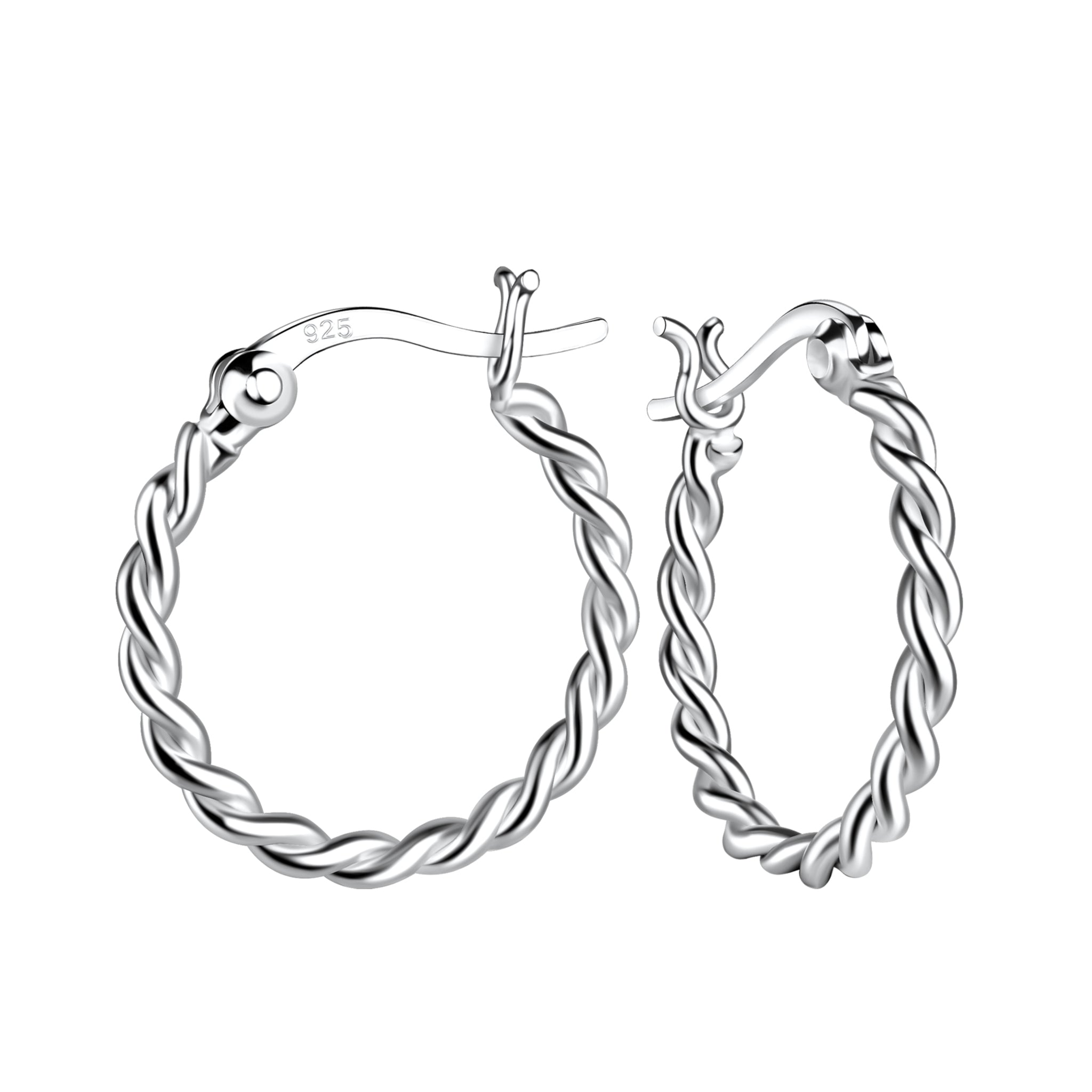 Silver hoop French lock earrings with twisted design on a white background
