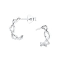 Pair of twisted silver half hoop stud earrings on a white background