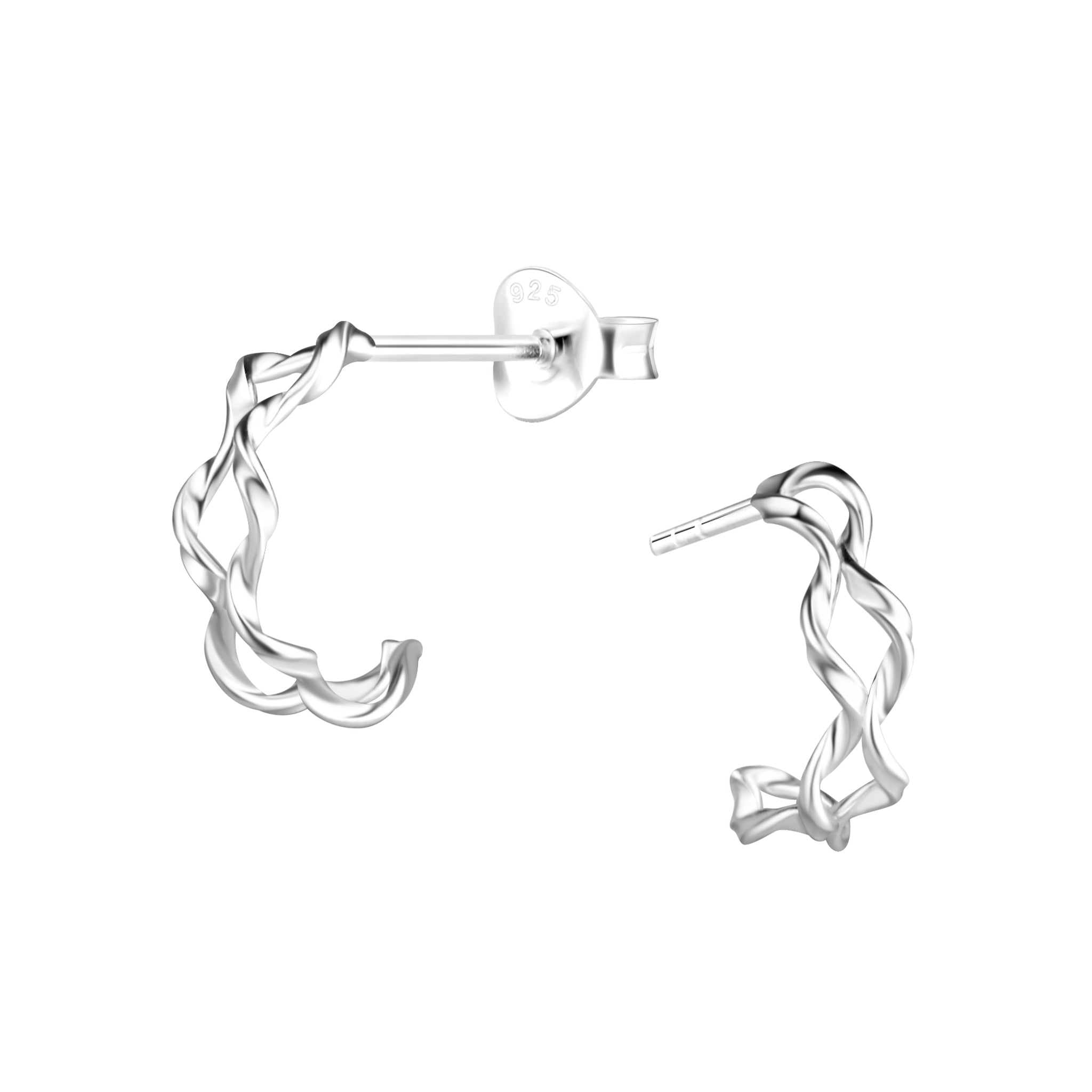 Pair of twisted silver half hoop stud earrings on a white background