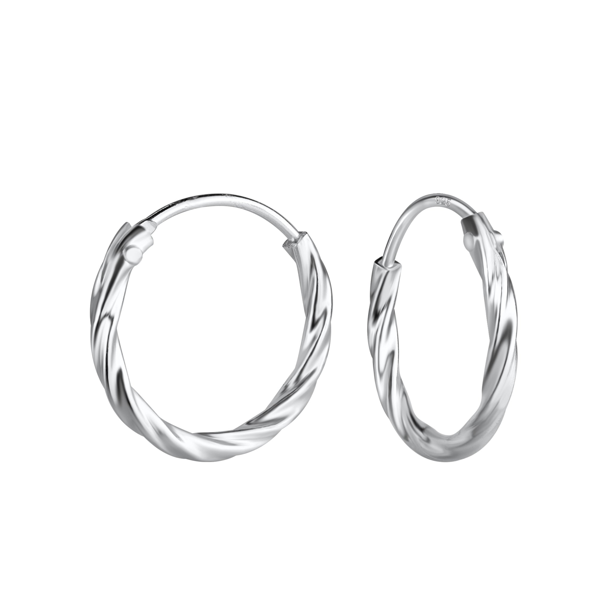 Pair of silver hoop earrings with twisted design on a white background