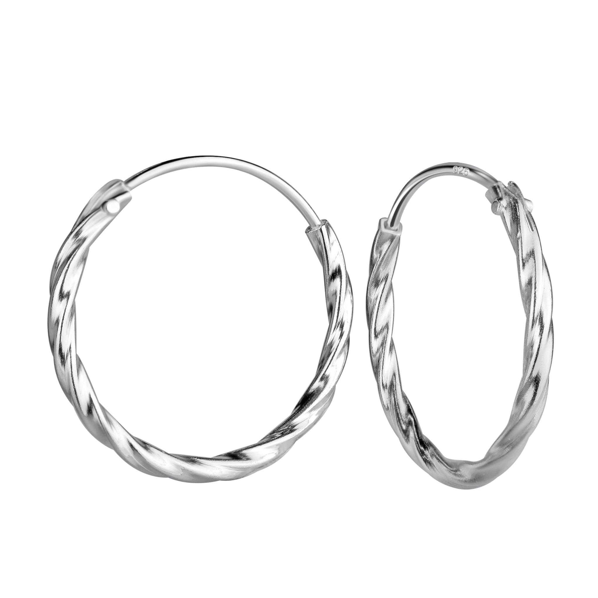 Pair of silver hoop earrings in a twisted design on a white background