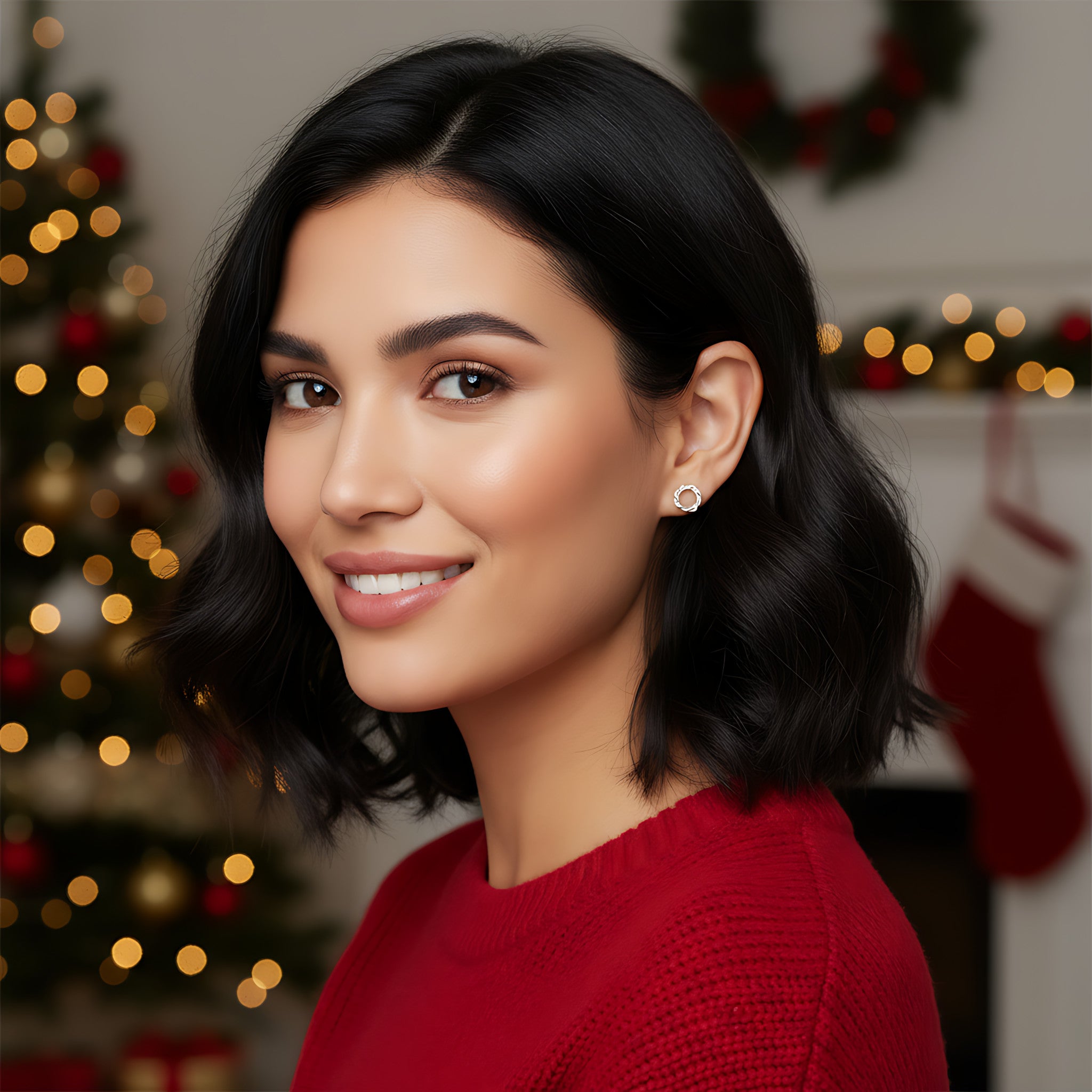 Woman in a red sweater and silver twisted orbit stud earring with Christmas decorations in the background