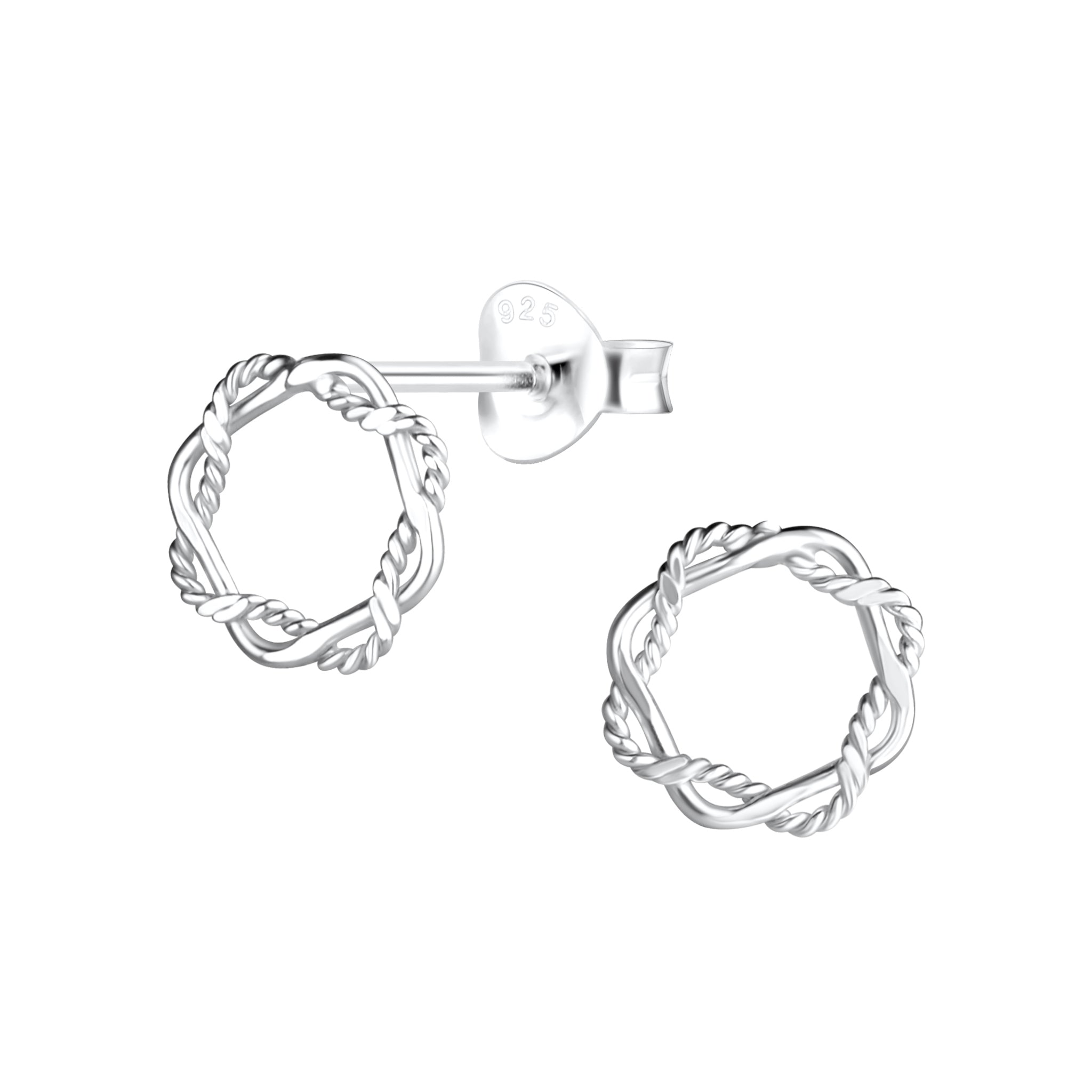 Twisted orbit silver stud earrings on a white background