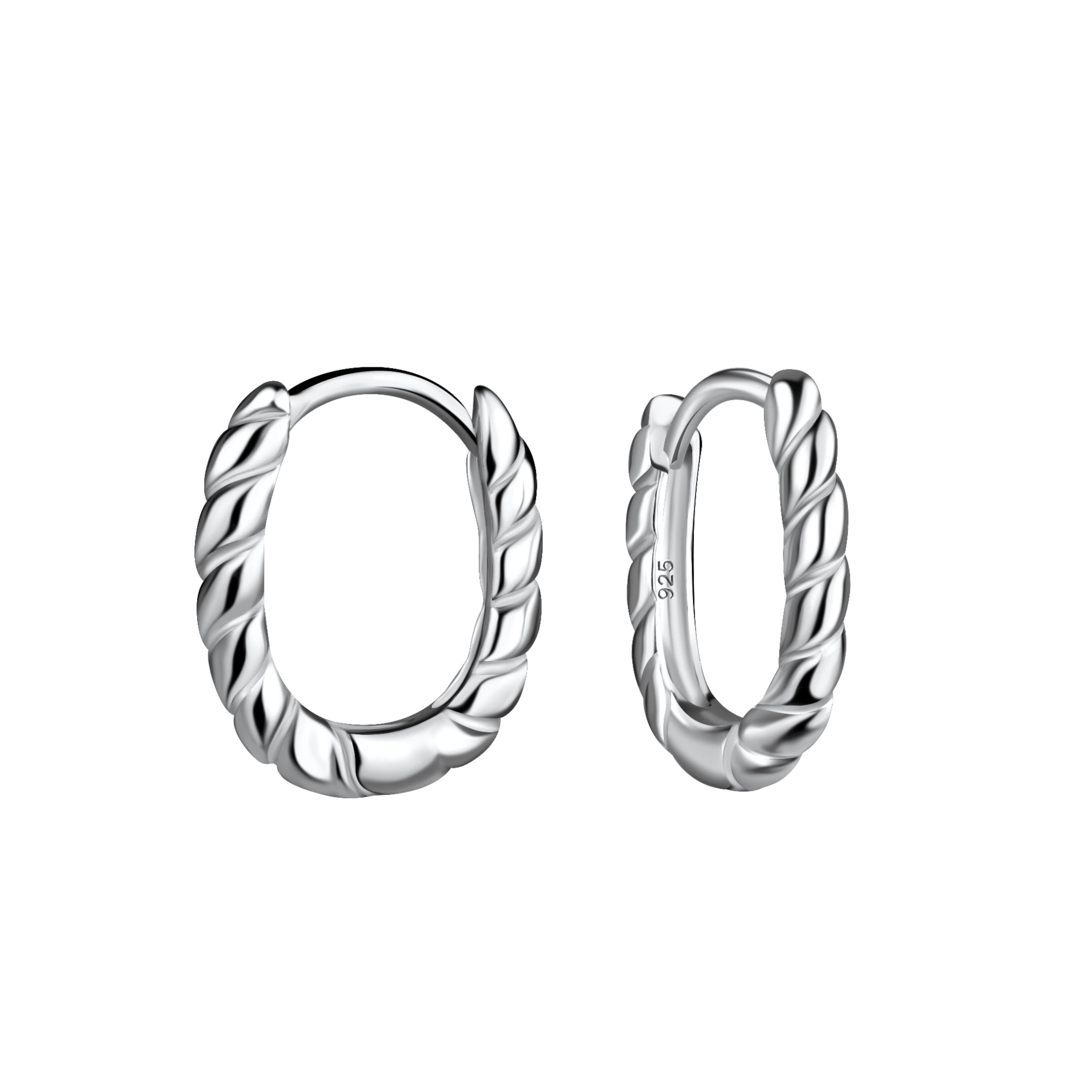 Pair of oval twisted silver hoop earrings on a white background