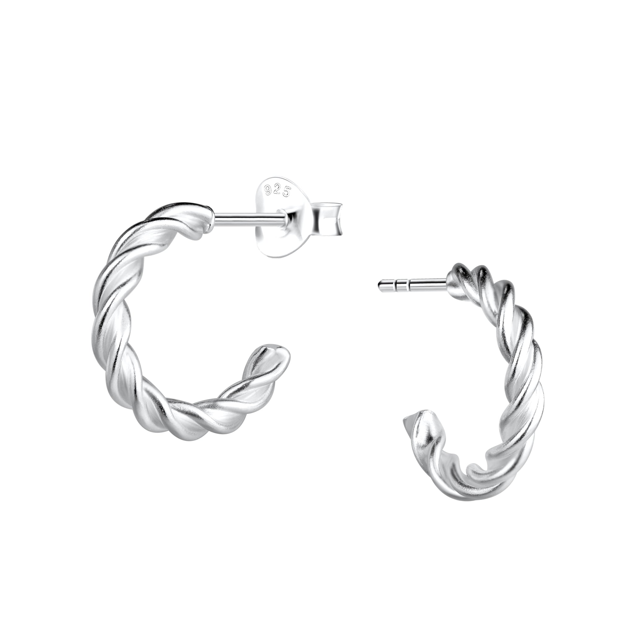 Twisted silver  half hoop stud earrings on a white background
