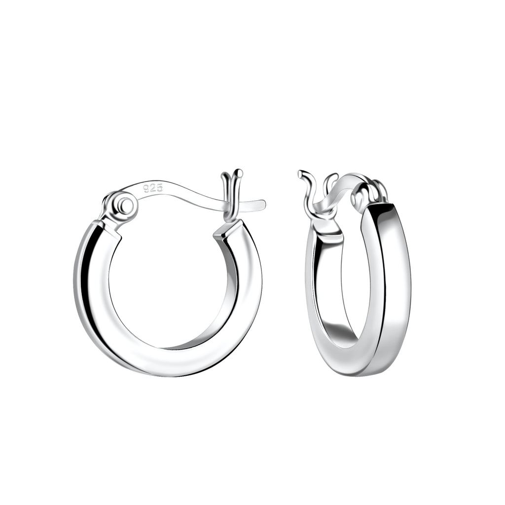 Pair of wide band silver French lock hoop earrings on a white background