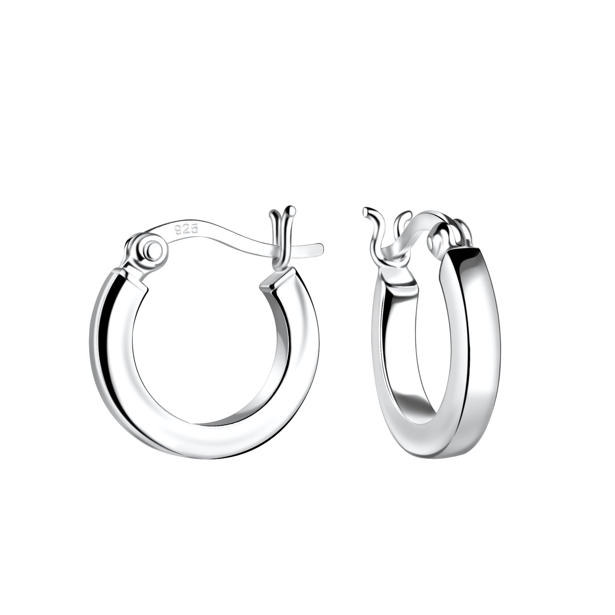 Pair of wide band silver French lock hoop earrings on a white background