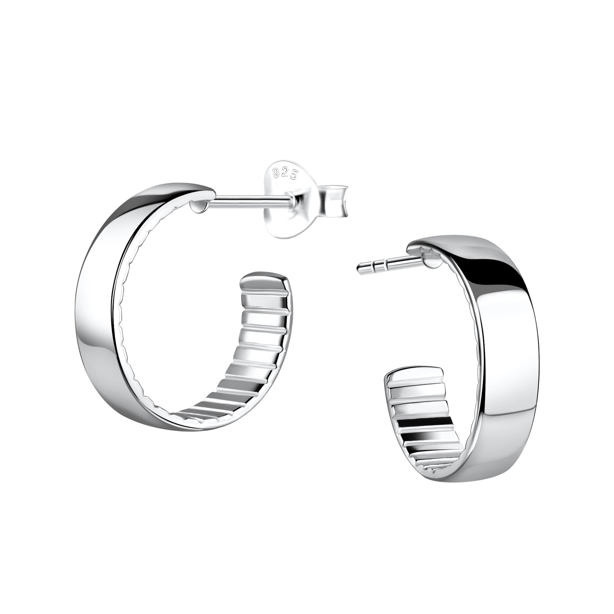 Wide band silver half hoop stud earrings on a white background