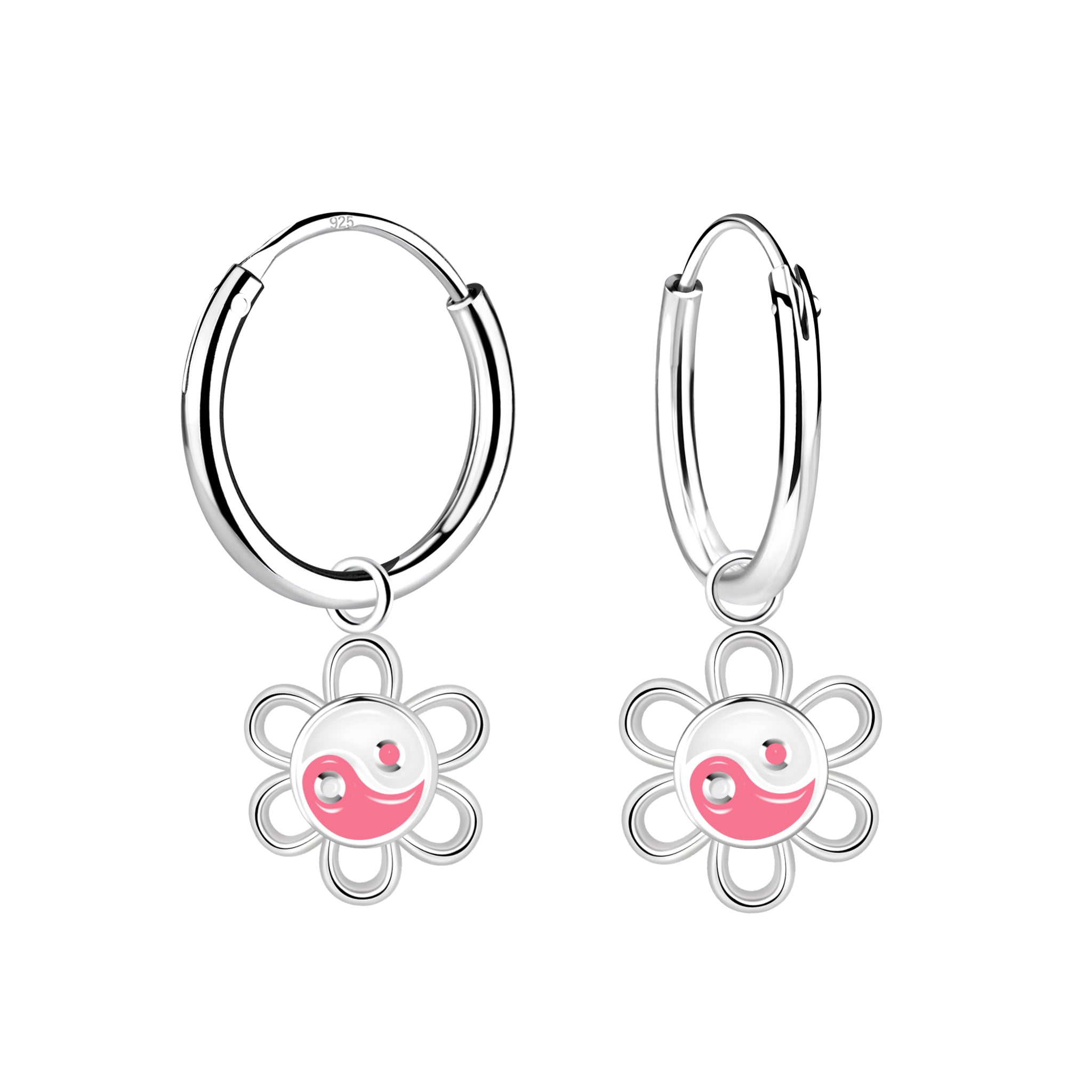 Silver hoop earrings with flower-shaped charms featuring a pink circle and white center (yin-yang) on a white background.